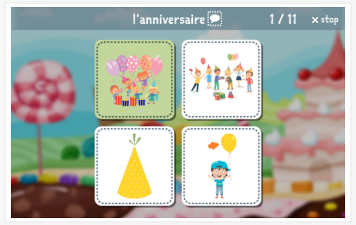 Party theme Language test (reading and listening) of the app French for children
