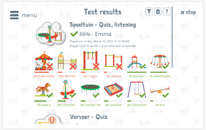 Test results provide insight into the child's vocabulary knowledge of the Playground theme