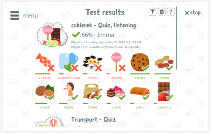Test results provide insight into the child's vocabulary knowledge of the Candy theme