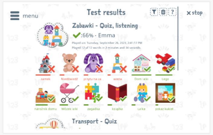 Test results provide insight into the child's vocabulary knowledge of the Toys theme