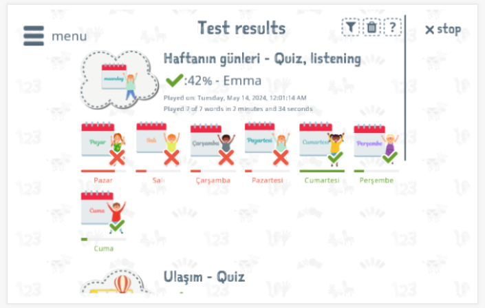 Test results provide insight into the child's vocabulary knowledge of the Days of the week theme